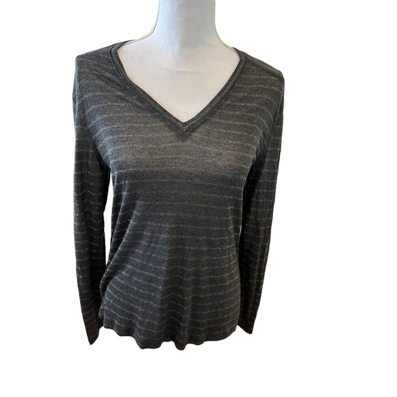 Rails Sami Drop Shoulder V Neck Long Sleeve Tee Charcoal Gray Stripe S - Picture 2 of 11